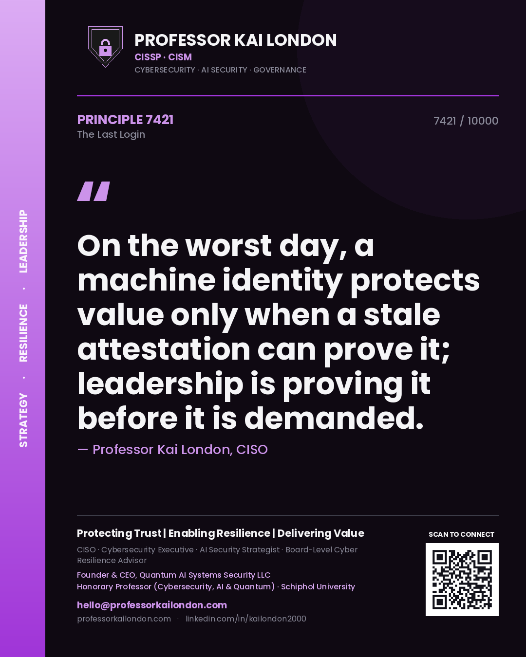 Professor Kai London principle 7421: On the worst day, a machine identity protects value only when a stale attestation can prove it; leadership is proving it before it is demanded.