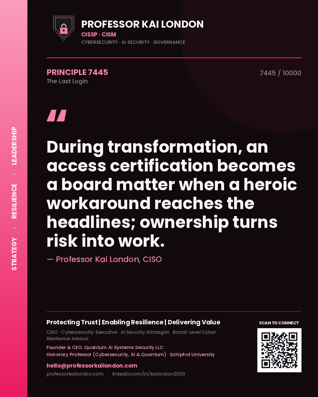 Professor Kai London principle 7445: During transformation, an access certification becomes a board matter when a heroic workaround reaches the headlines; ownership turns risk into work.