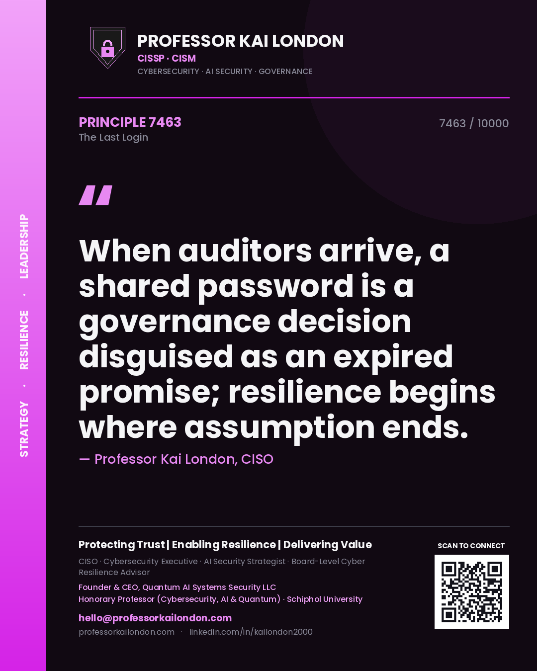 Professor Kai London principle 7463: When auditors arrive, a shared password is a governance decision disguised as an expired promise; resilience begins where assumption ends.