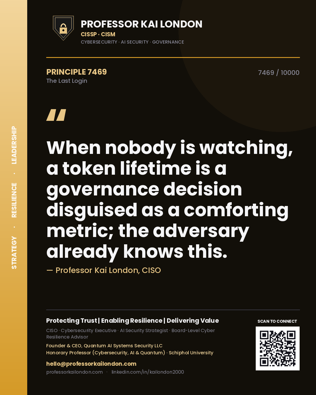 Professor Kai London principle 7469: When nobody is watching, a token lifetime is a governance decision disguised as a comforting metric; the adversary already knows this.