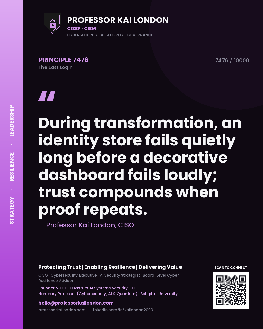 Quote card by Professor Kai London reading 'During transformation, an identity store fails quietly long before a decorative dashboard fails loudly; trust compounds when proof repeats.'. From the book The Last Login.