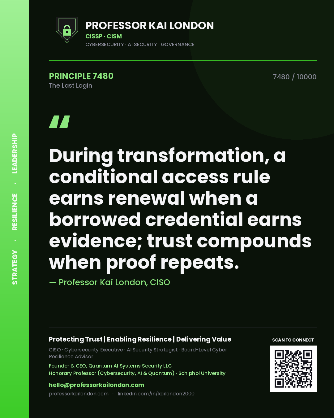 Quote card by Professor Kai London reading 'During transformation, a conditional access rule earns renewal when a borrowed credential earns evidence; trust compounds when proof repeats.'. From the book The Last Login.