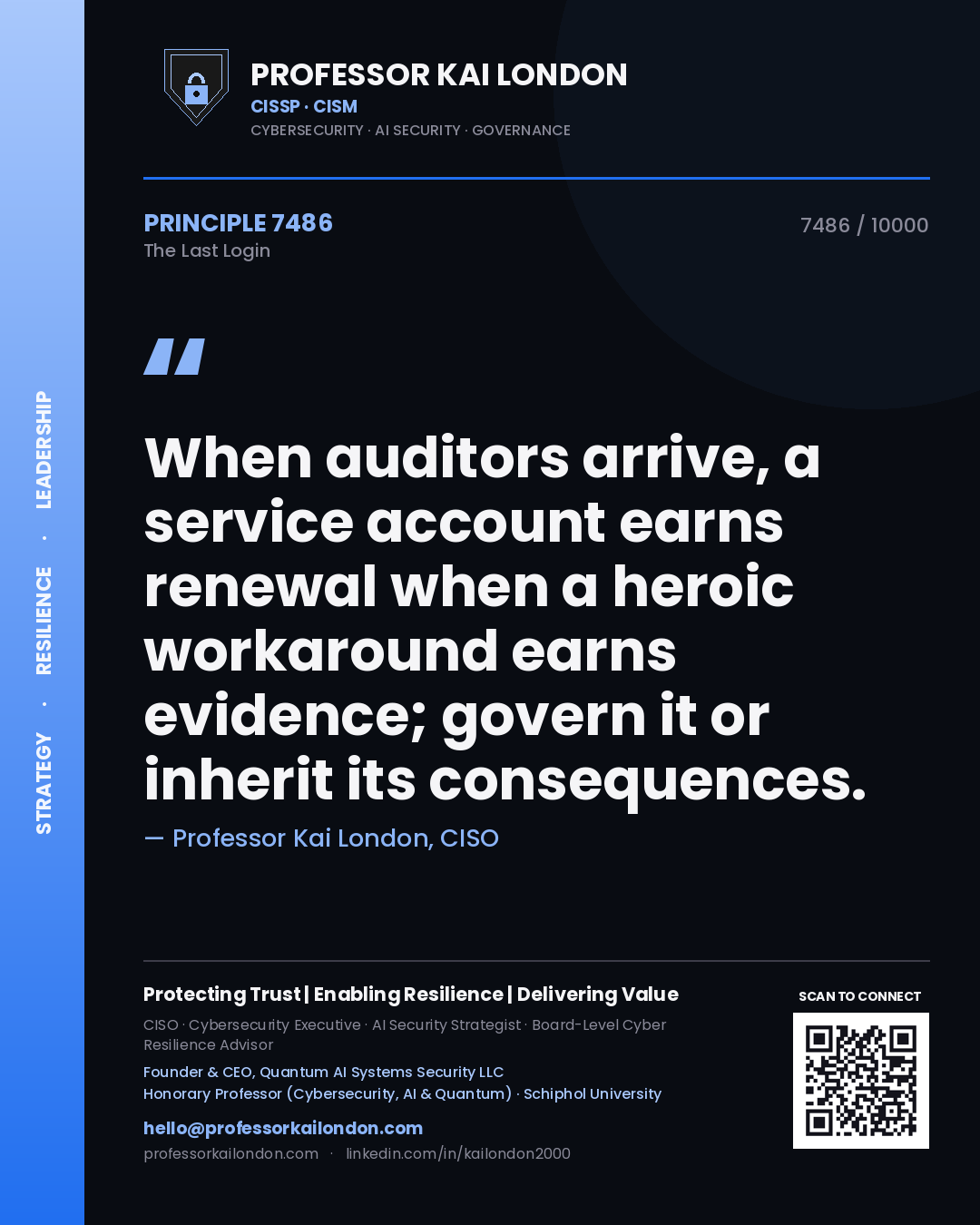 Professor Kai London principle 7486: When auditors arrive, a service account earns renewal when a heroic workaround earns evidence; govern it or inherit its consequences.