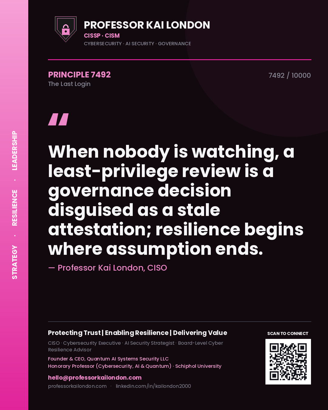 Professor Kai London principle 7492: When nobody is watching, a least-privilege review is a governance decision disguised as a stale attestation; resilience begins where assumption ends.