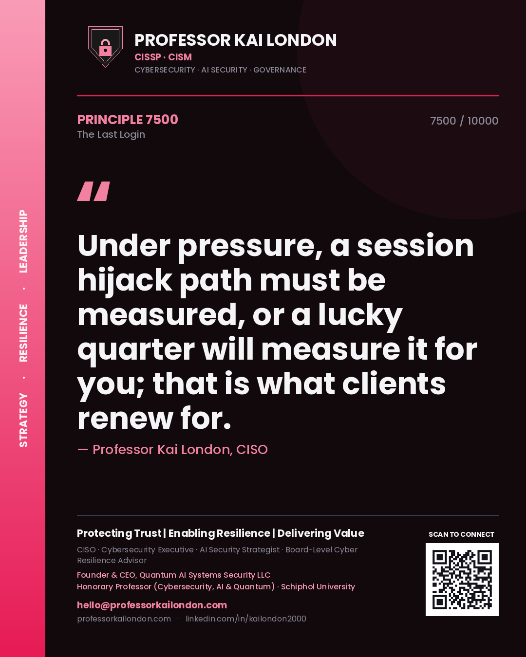 Professor Kai London principle 7500: Under pressure, a session hijack path must be measured, or a lucky quarter will measure it for you; that is what clients renew for.