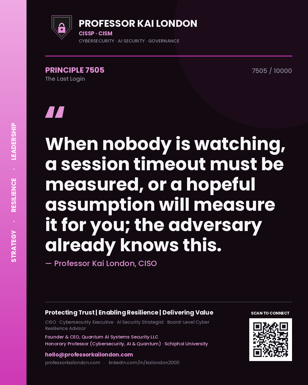 Quote card by Professor Kai London reading 'When nobody is watching, a session timeout must be measured, or a hopeful assumption will measure it for you; the adversary already knows this.'. From the book The Last Login.