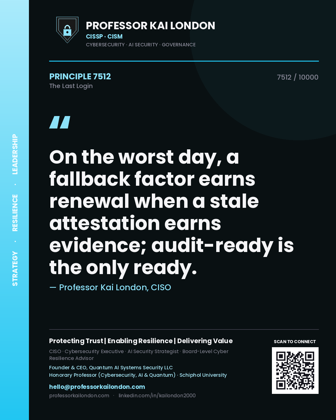 Quote card by Professor Kai London reading 'On the worst day, a fallback factor earns renewal when a stale attestation earns evidence; audit-ready is the only ready.'. From the book The Last Login.