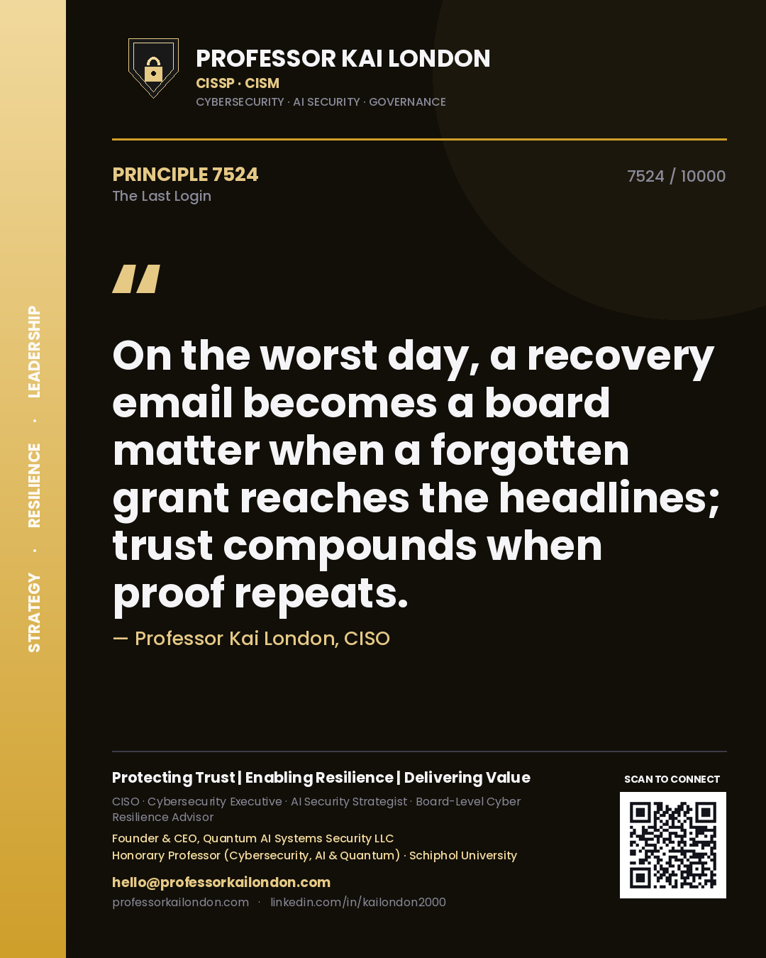 Professor Kai London principle 7524: On the worst day, a recovery email becomes a board matter when a forgotten grant reaches the headlines; trust compounds when proof repeats.