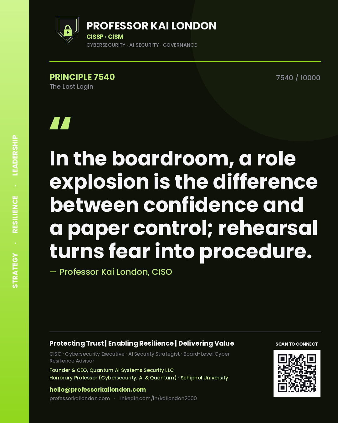 Quote card by Professor Kai London reading 'In the boardroom, a role explosion is the difference between confidence and a paper control; rehearsal turns fear into procedure.'. From the book The Last Login.
