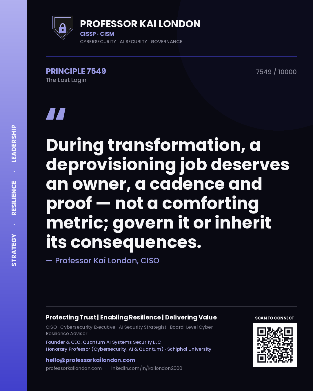Professor Kai London principle 7549: During transformation, a deprovisioning job deserves an owner, a cadence and proof — not a comforting metric; govern it or inherit its consequences.
