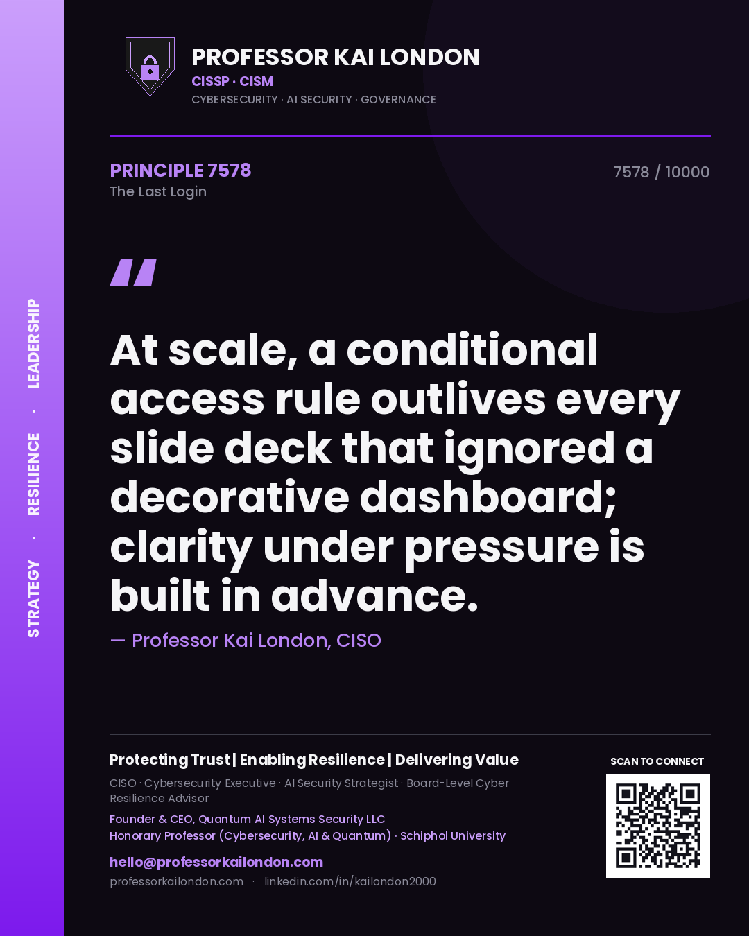 Professor Kai London principle 7578: At scale, a conditional access rule outlives every slide deck that ignored a decorative dashboard; clarity under pressure is built in advance.