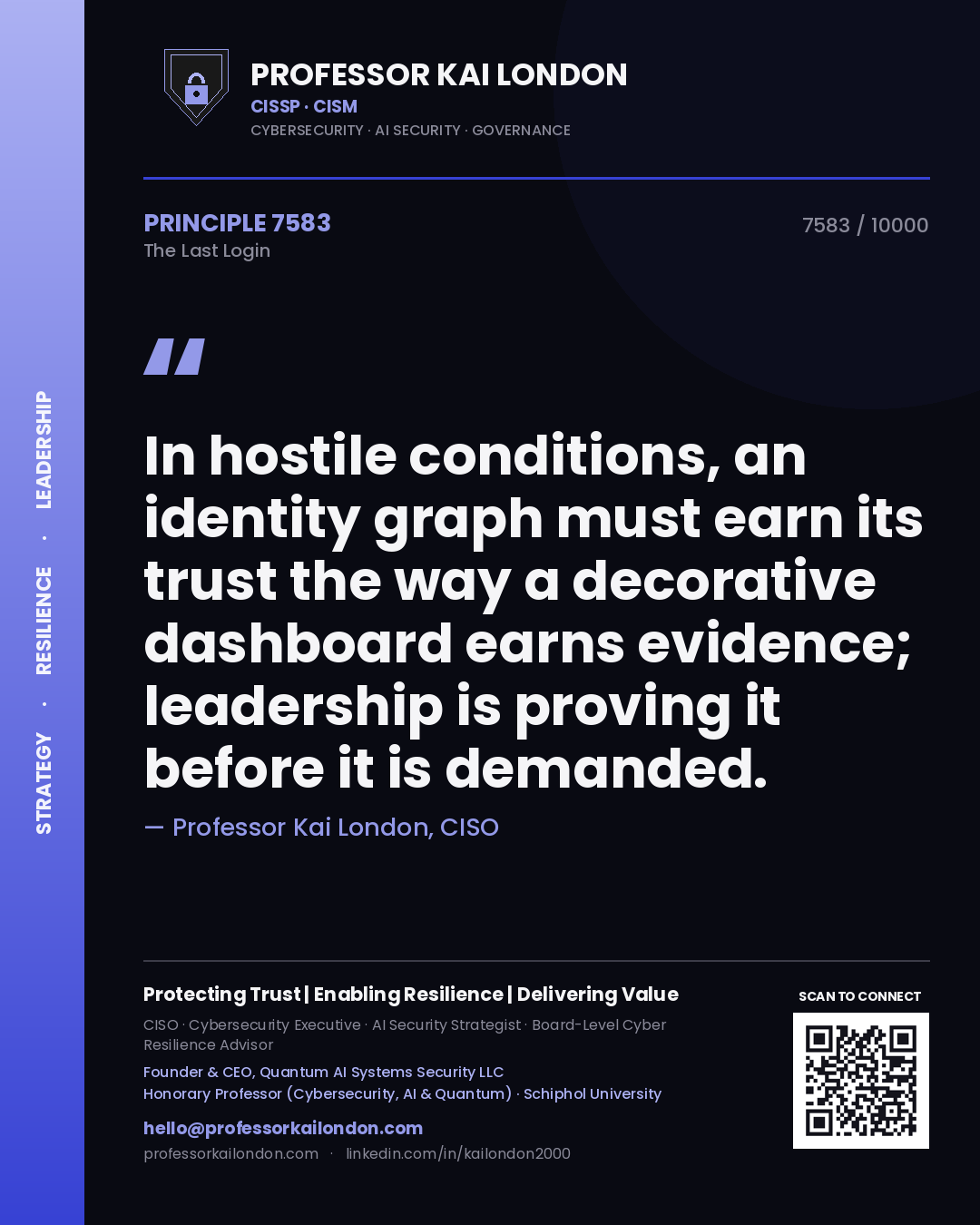 Quote card by Professor Kai London reading 'In hostile conditions, an identity graph must earn its trust the way a decorative dashboard earns evidence; leadership is proving it before it is demanded.'. From the book The Last Login.