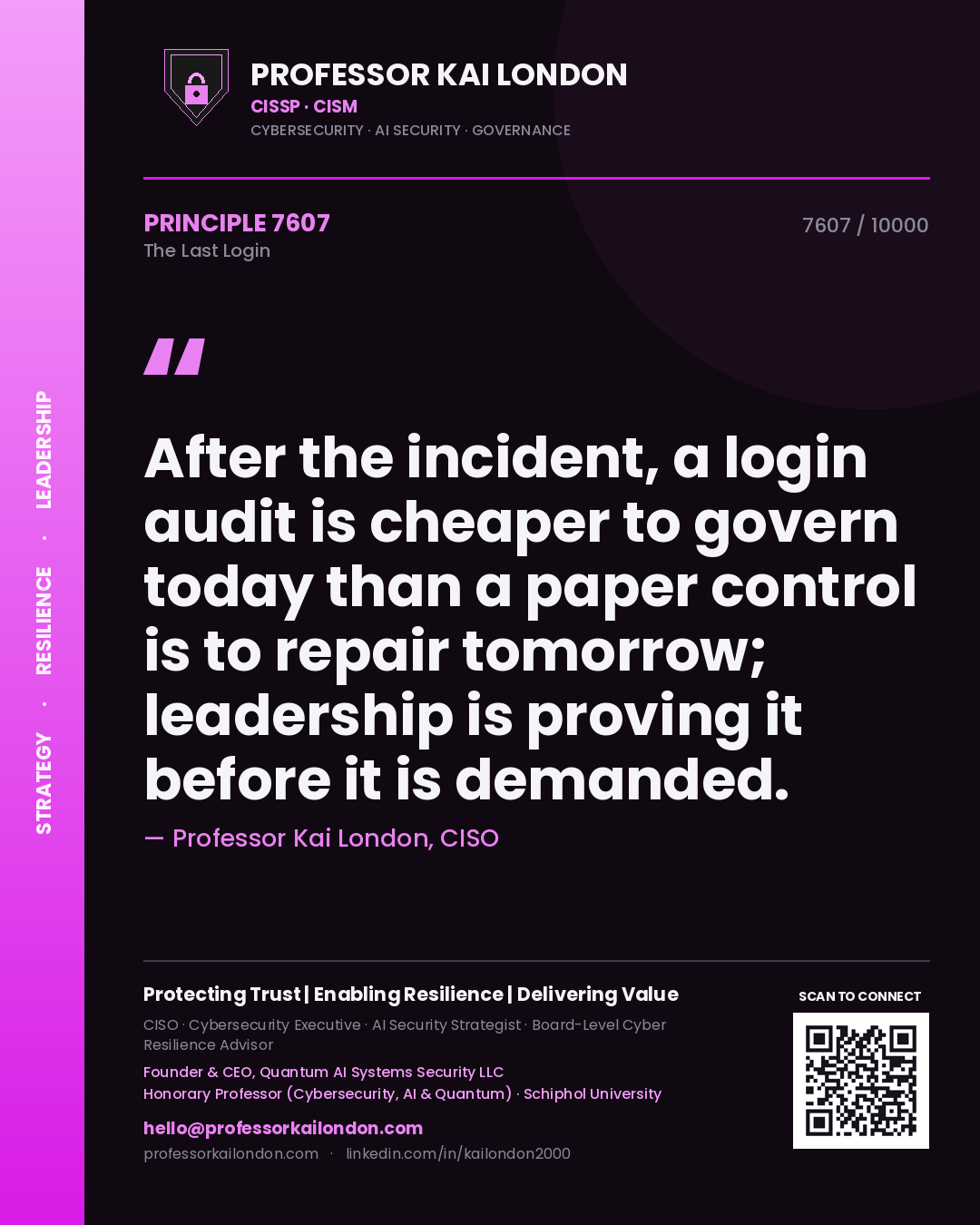 Quote card by Professor Kai London reading 'After the incident, a login audit is cheaper to govern today than a paper control is to repair tomorrow; leadership is proving it before it is demanded.'. From the book The Last Login.