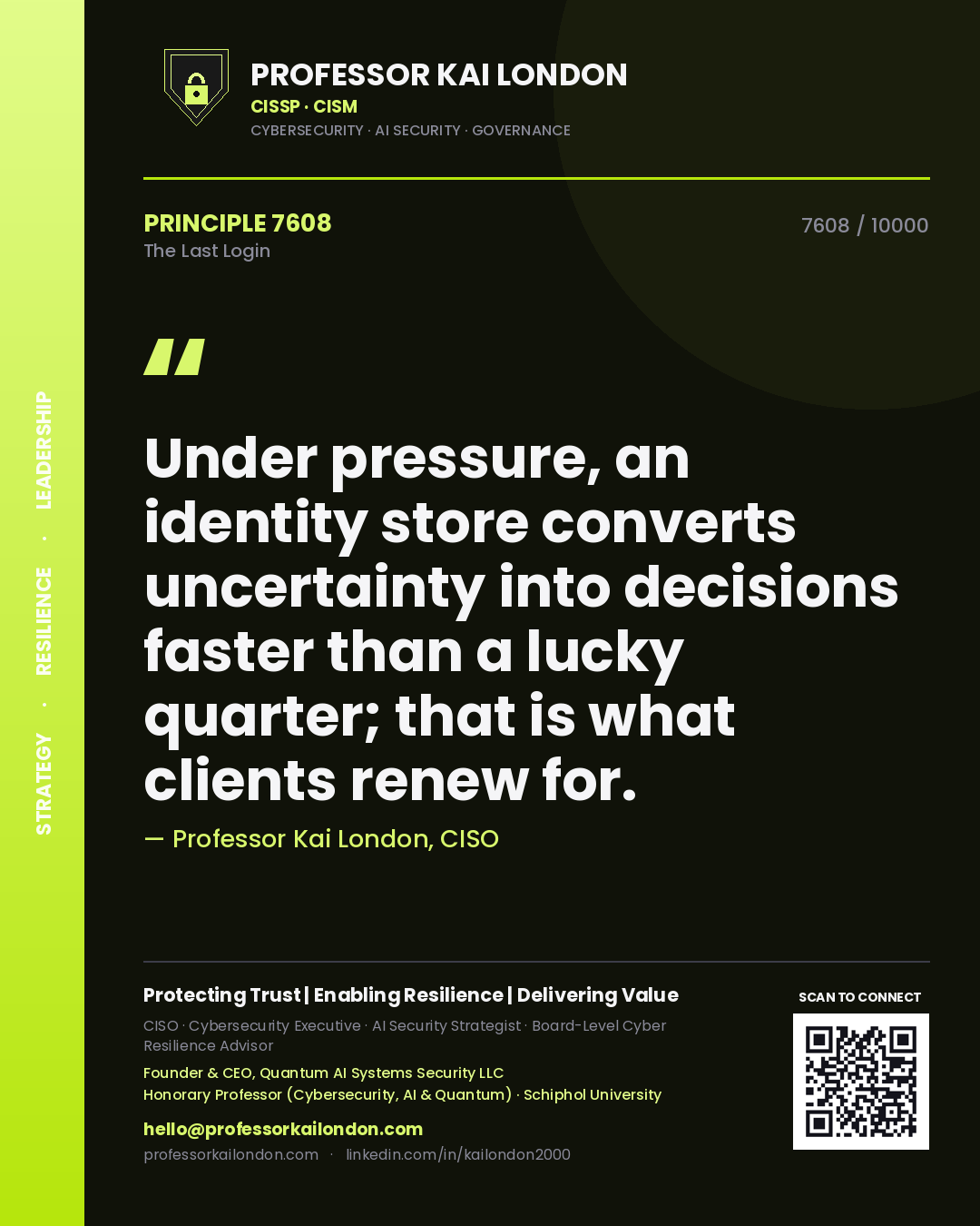 Quote card by Professor Kai London reading 'Under pressure, an identity store converts uncertainty into decisions faster than a lucky quarter; that is what clients renew for.'. From the book The Last Login.