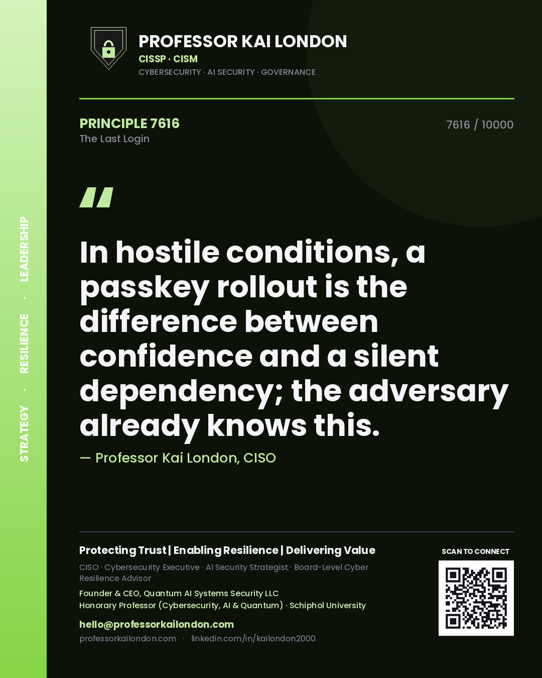 Quote card by Professor Kai London reading 'In hostile conditions, a passkey rollout is the difference between confidence and a silent dependency; the adversary already knows this.'. From the book The Last Login.