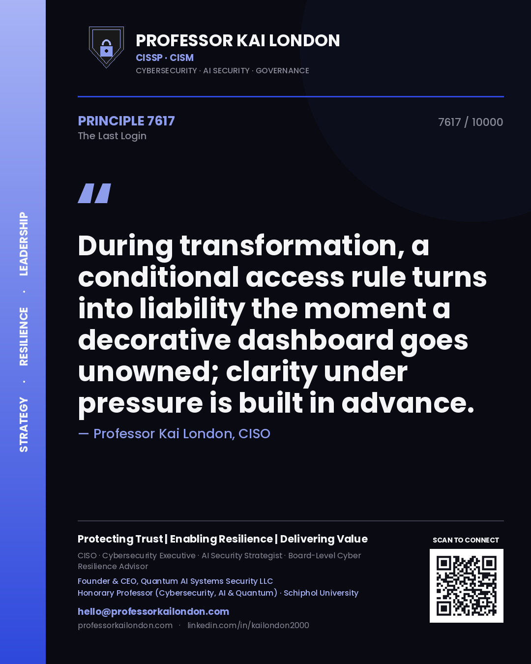 Quote card by Professor Kai London reading 'During transformation, a conditional access rule turns into liability the moment a decorative dashboard goes unowned; clarity under pressure is built in advance.'. From the book The Last Login.