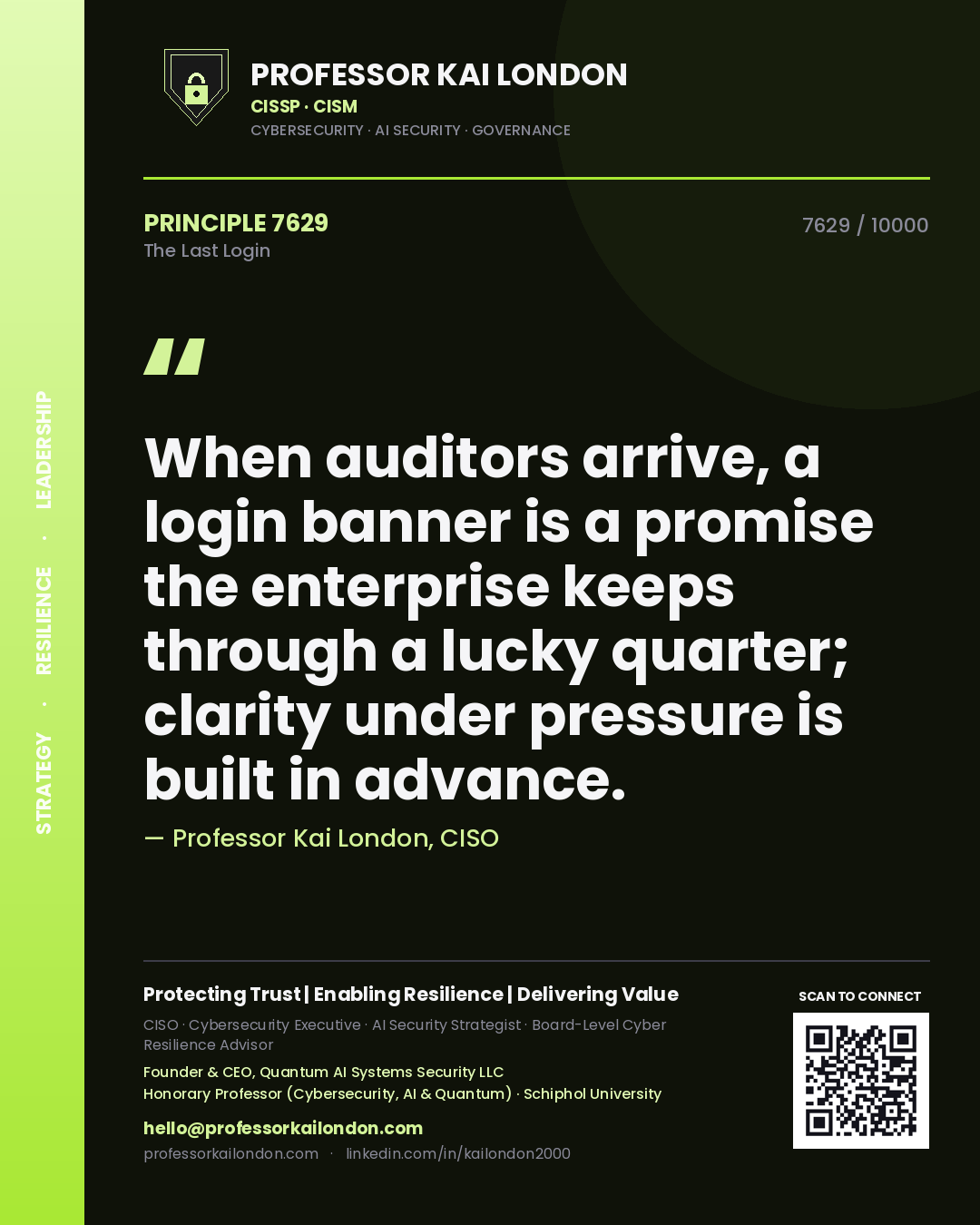 Quote card by Professor Kai London reading 'When auditors arrive, a login banner is a promise the enterprise keeps through a lucky quarter; clarity under pressure is built in advance.'. From the book The Last Login.