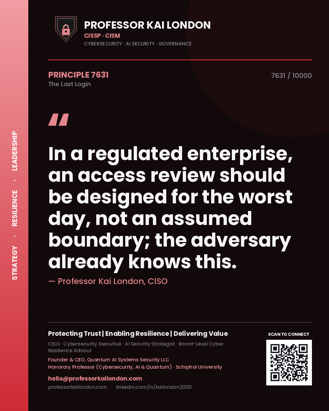 Quote card by Professor Kai London reading 'In a regulated enterprise, an access review should be designed for the worst day, not an assumed boundary; the adversary already knows this.'. From the book The Last Login.