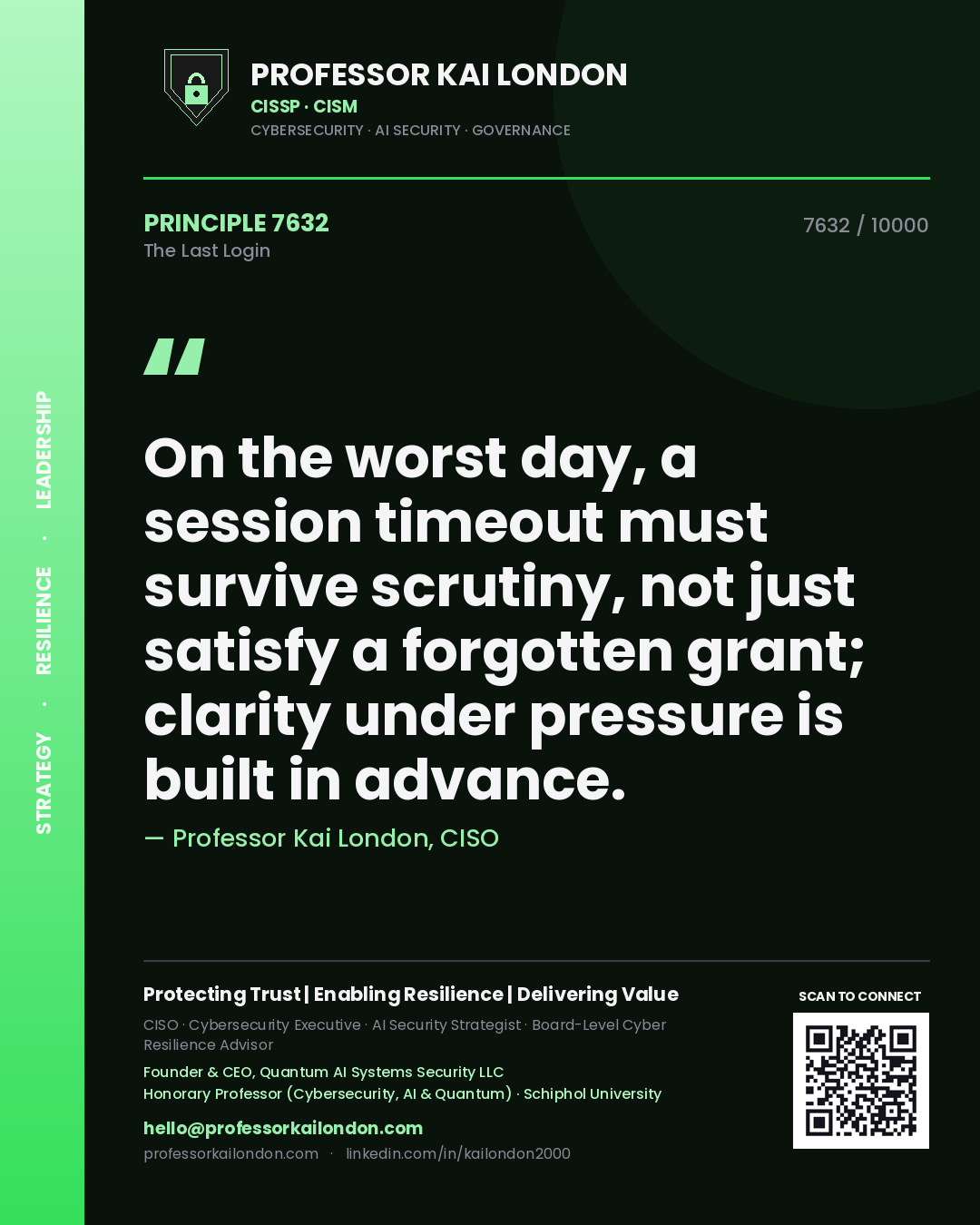 Quote card by Professor Kai London reading 'On the worst day, a session timeout must survive scrutiny, not just satisfy a forgotten grant; clarity under pressure is built in advance.'. From the book The Last Login.