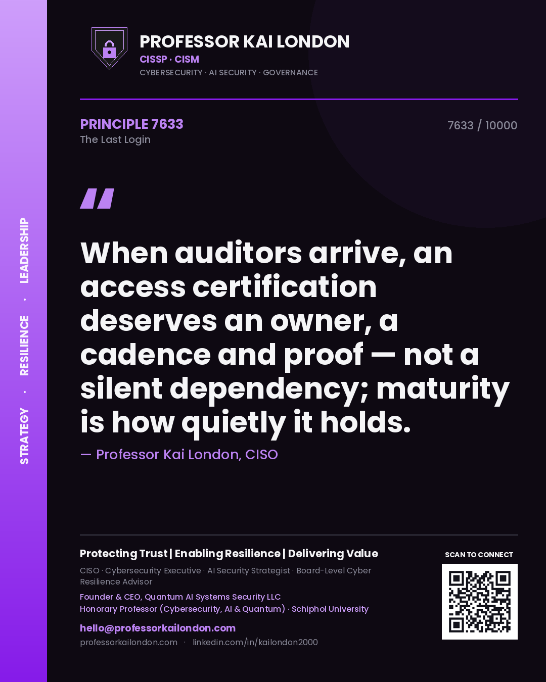 Quote card by Professor Kai London reading 'When auditors arrive, an access certification deserves an owner, a cadence and proof — not a silent dependency; maturity is how quietly it holds.'. From the book The Last Login.