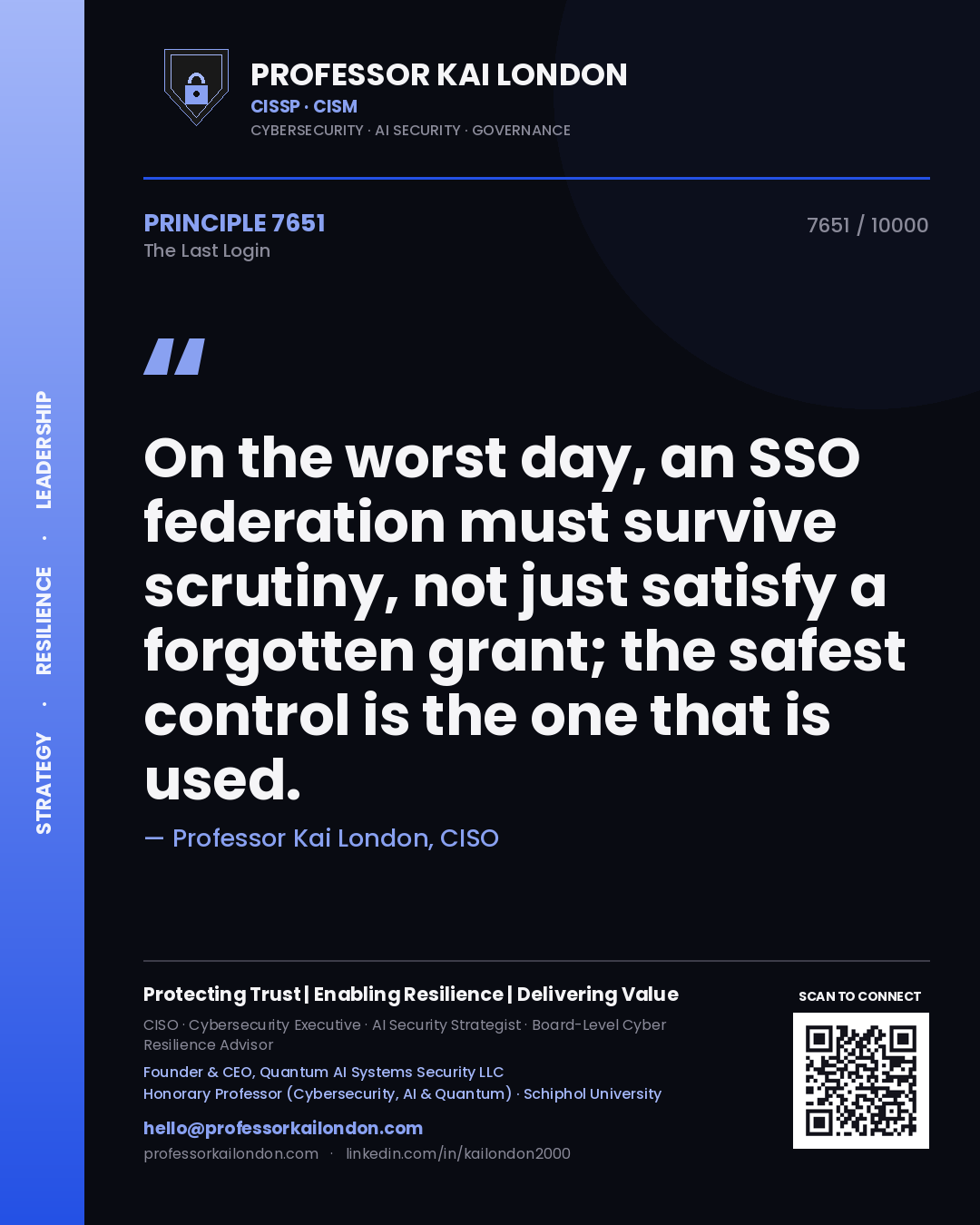 Quote card by Professor Kai London reading 'On the worst day, an SSO federation must survive scrutiny, not just satisfy a forgotten grant; the safest control is the one that is used.'. From the book The Last Login.
