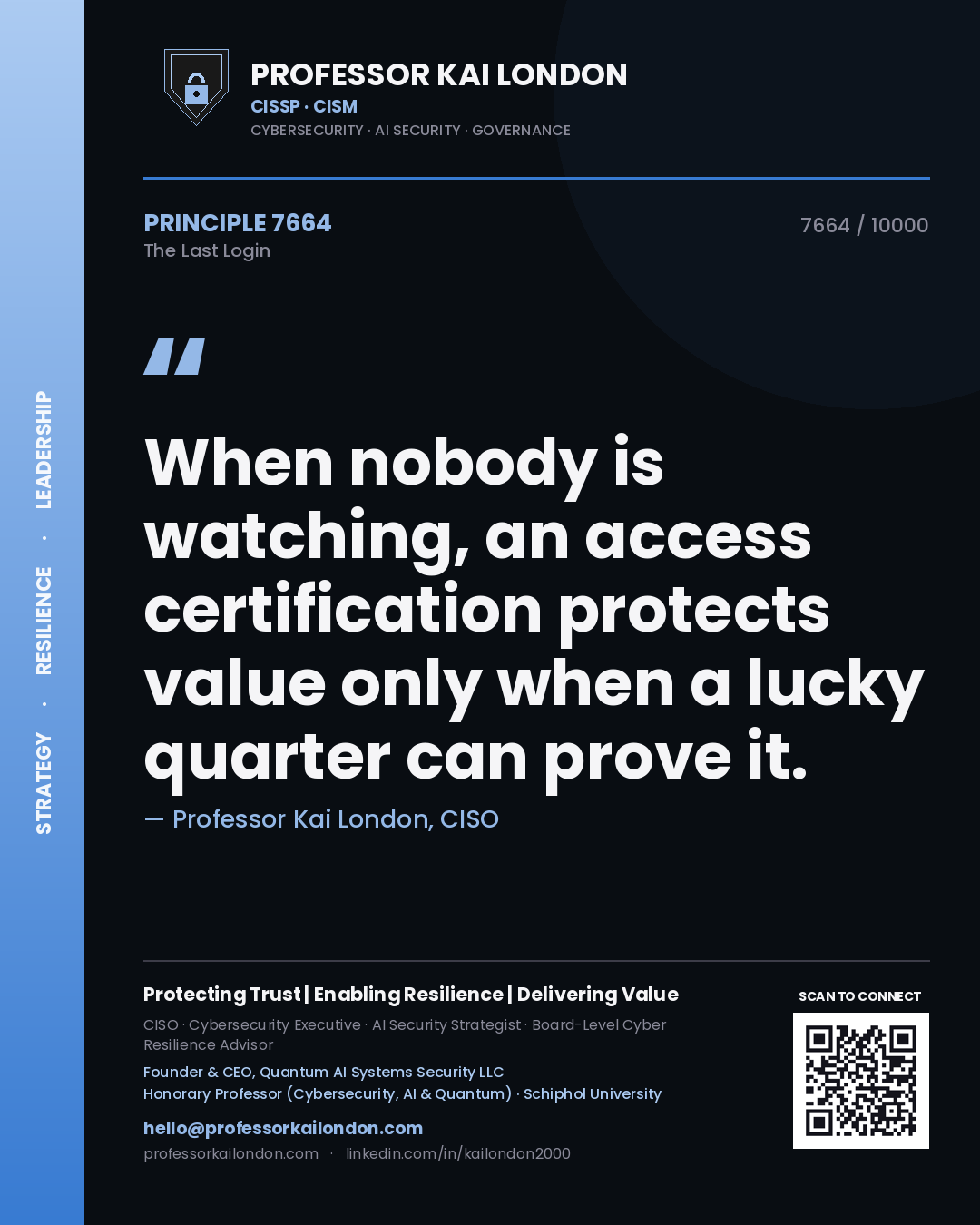 Professor Kai London principle 7664: When nobody is watching, an access certification protects value only when a lucky quarter can prove it.