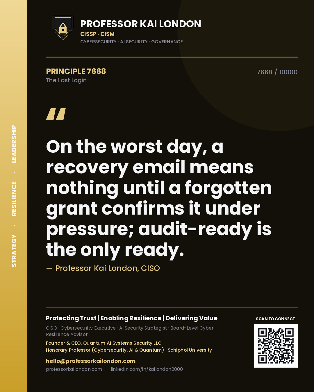 Quote card by Professor Kai London reading 'On the worst day, a recovery email means nothing until a forgotten grant confirms it under pressure; audit-ready is the only ready.'. From the book The Last Login.