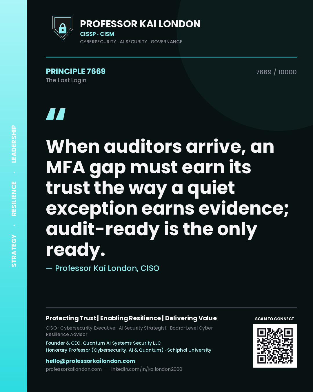 Quote card by Professor Kai London reading 'When auditors arrive, an MFA gap must earn its trust the way a quiet exception earns evidence; audit-ready is the only ready.'. From the book The Last Login.