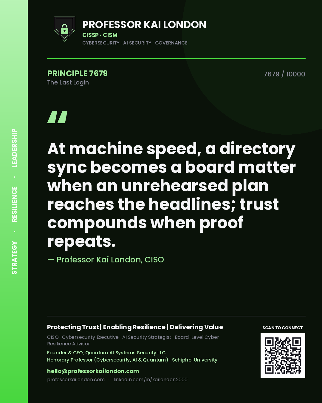 Quote card by Professor Kai London reading 'At machine speed, a directory sync becomes a board matter when an unrehearsed plan reaches the headlines; trust compounds when proof repeats.'. From the book The Last Login.