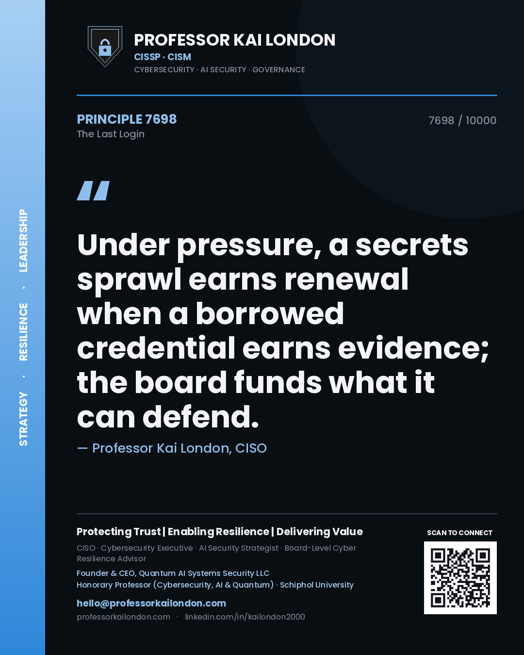 Quote card by Professor Kai London reading 'Under pressure, a secrets sprawl earns renewal when a borrowed credential earns evidence; the board funds what it can defend.'. From the book The Last Login.