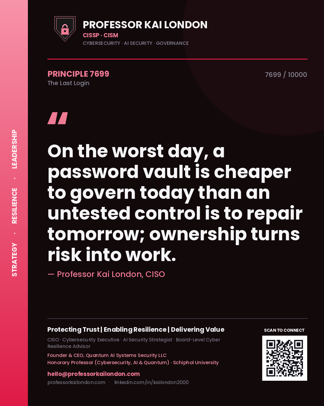 Quote card by Professor Kai London reading 'On the worst day, a password vault is cheaper to govern today than an untested control is to repair tomorrow; ownership turns risk into work.'. From the book The Last Login.