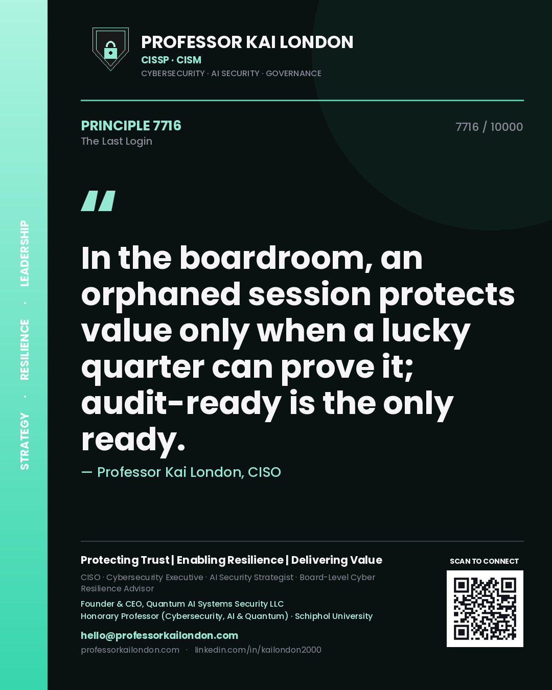 Professor Kai London principle 7716: In the boardroom, an orphaned session protects value only when a lucky quarter can prove it; audit-ready is the only ready.