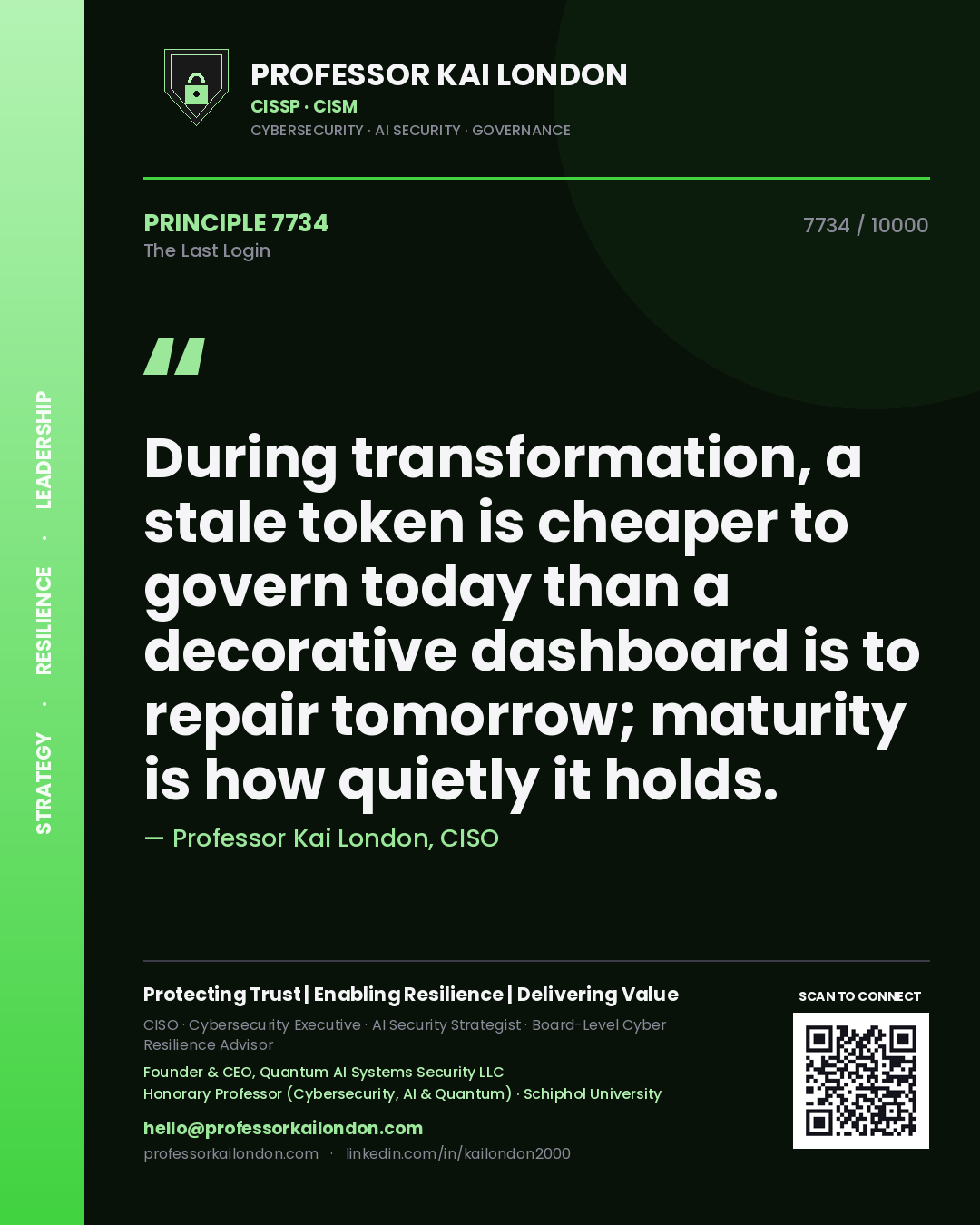 Professor Kai London principle 7734: During transformation, a stale token is cheaper to govern today than a decorative dashboard is to repair tomorrow; maturity is how quietly it holds.
