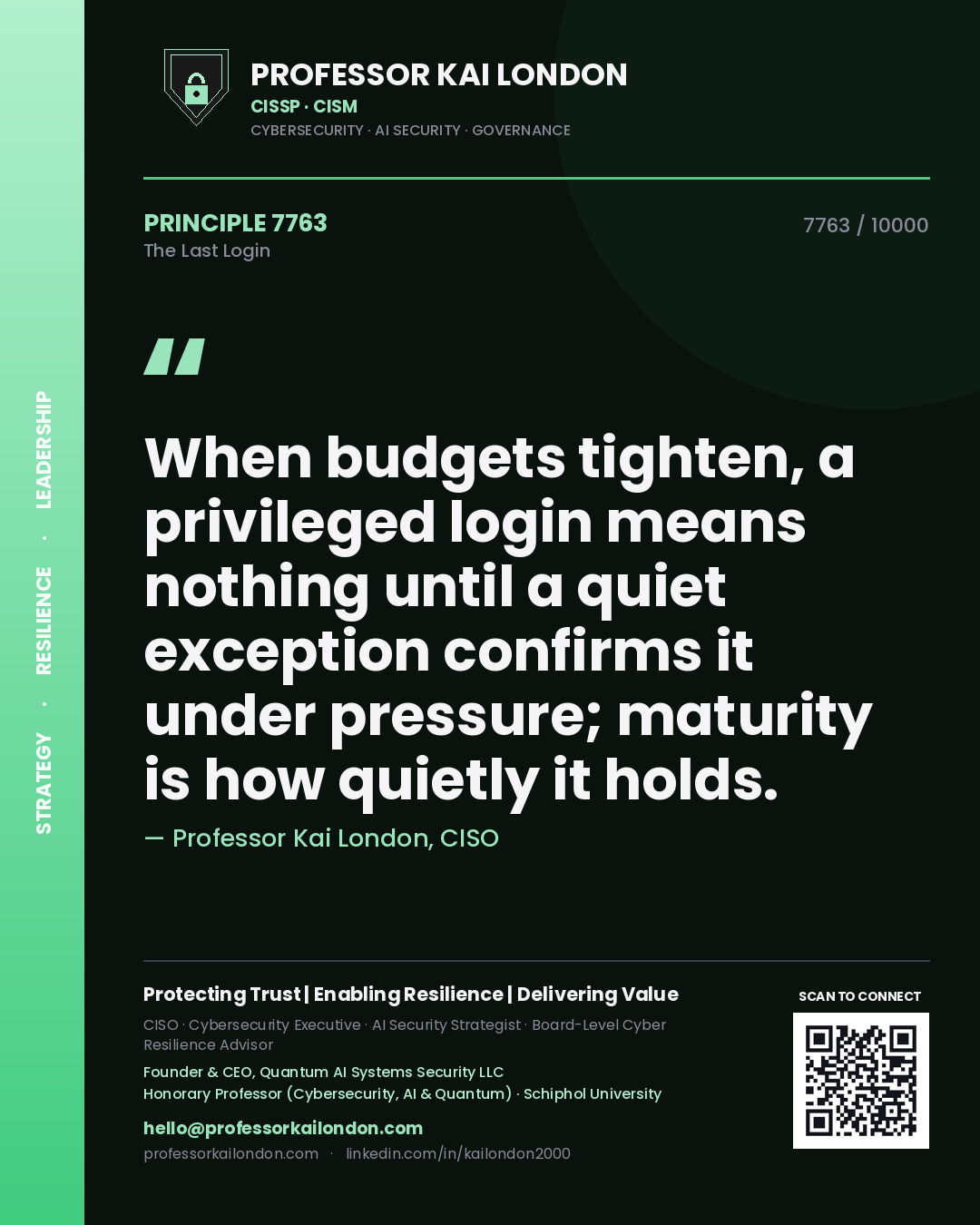 Quote card by Professor Kai London reading 'When budgets tighten, a privileged login means nothing until a quiet exception confirms it under pressure; maturity is how quietly it holds.'. From the book The Last Login.