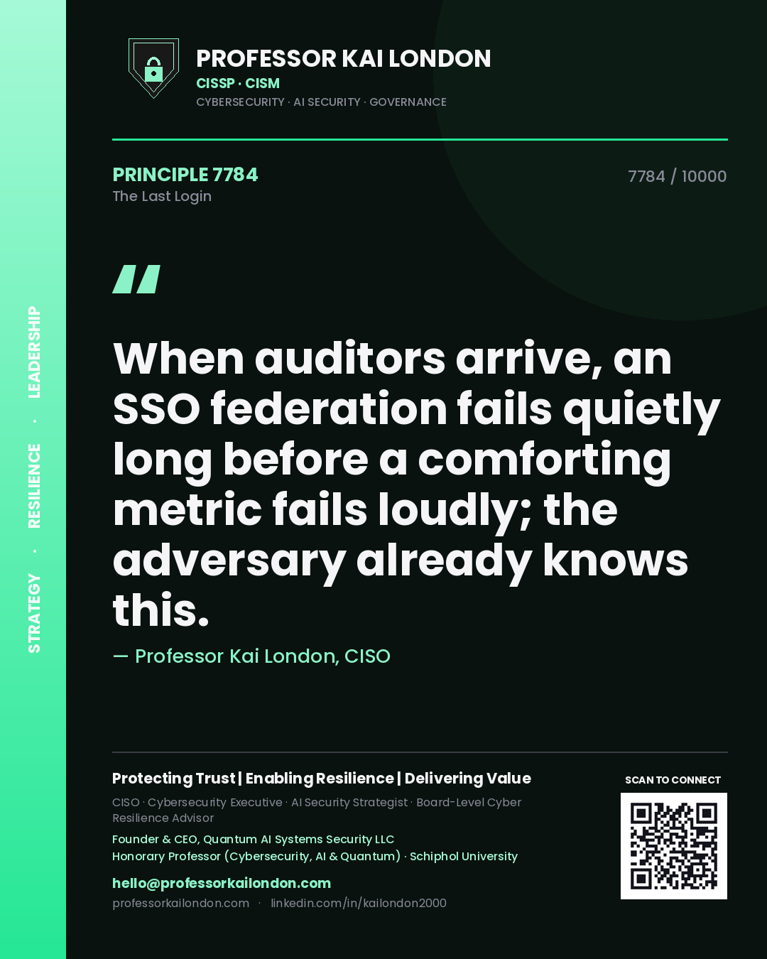 Professor Kai London principle 7784: When auditors arrive, an SSO federation fails quietly long before a comforting metric fails loudly; the adversary already knows this.