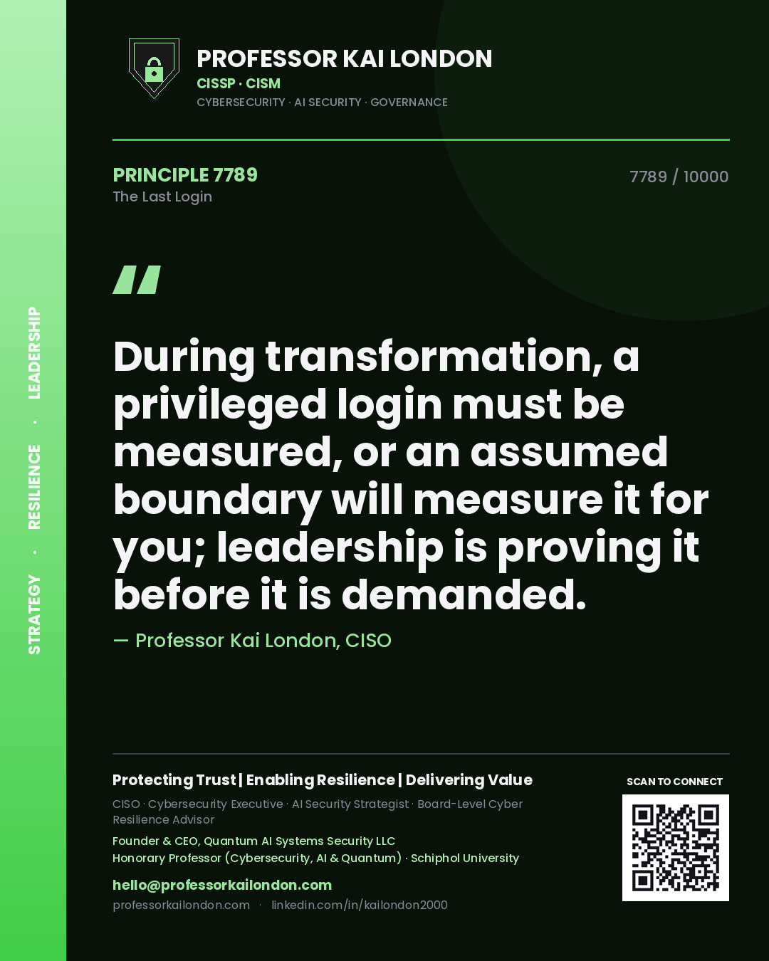 Quote card by Professor Kai London reading 'During transformation, a privileged login must be measured, or an assumed boundary will measure it for you; leadership is proving it before it is demanded.'. From the book The Last Login.