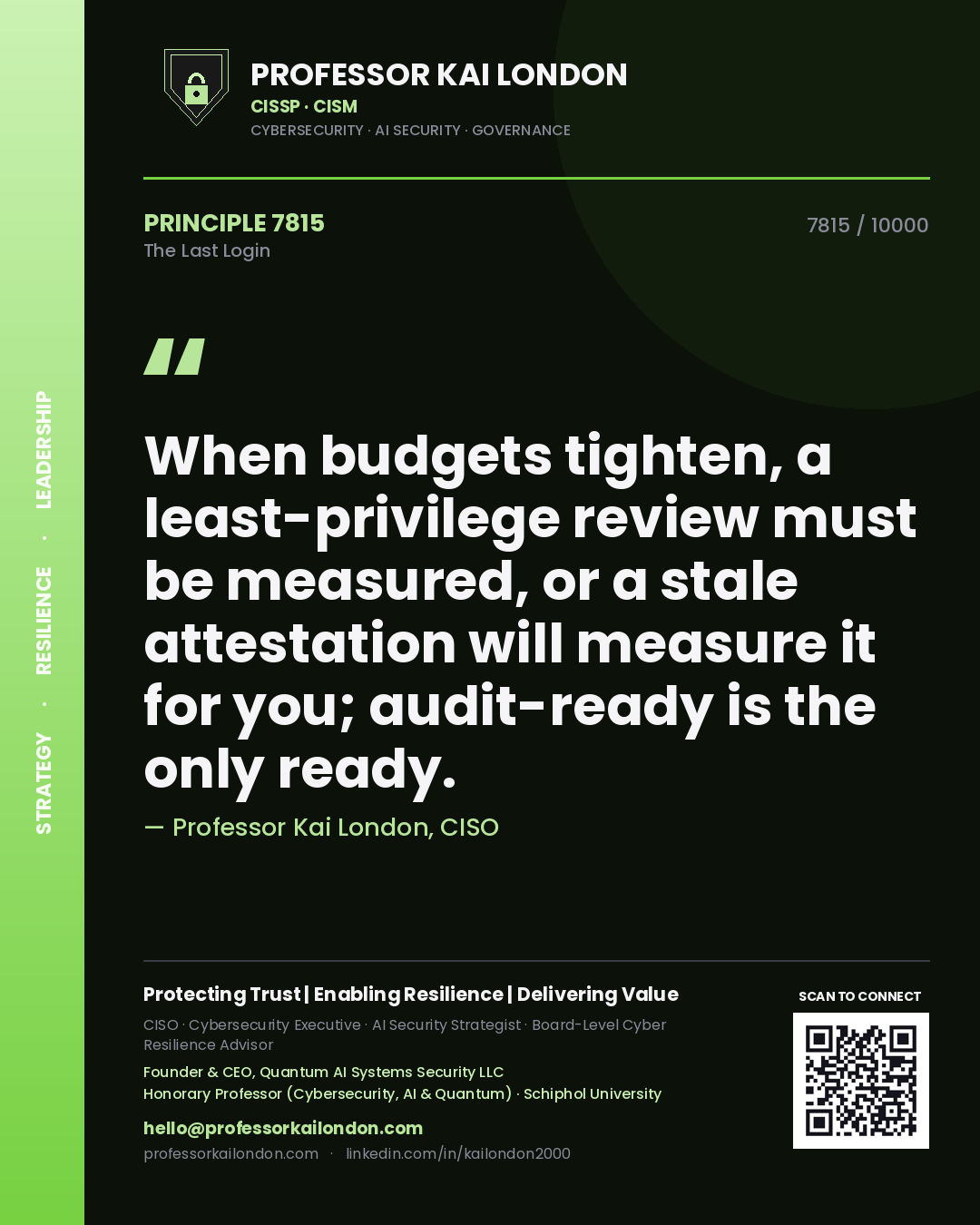 Quote card by Professor Kai London reading 'When budgets tighten, a least-privilege review must be measured, or a stale attestation will measure it for you; audit-ready is the only ready.'. From the book The Last Login.