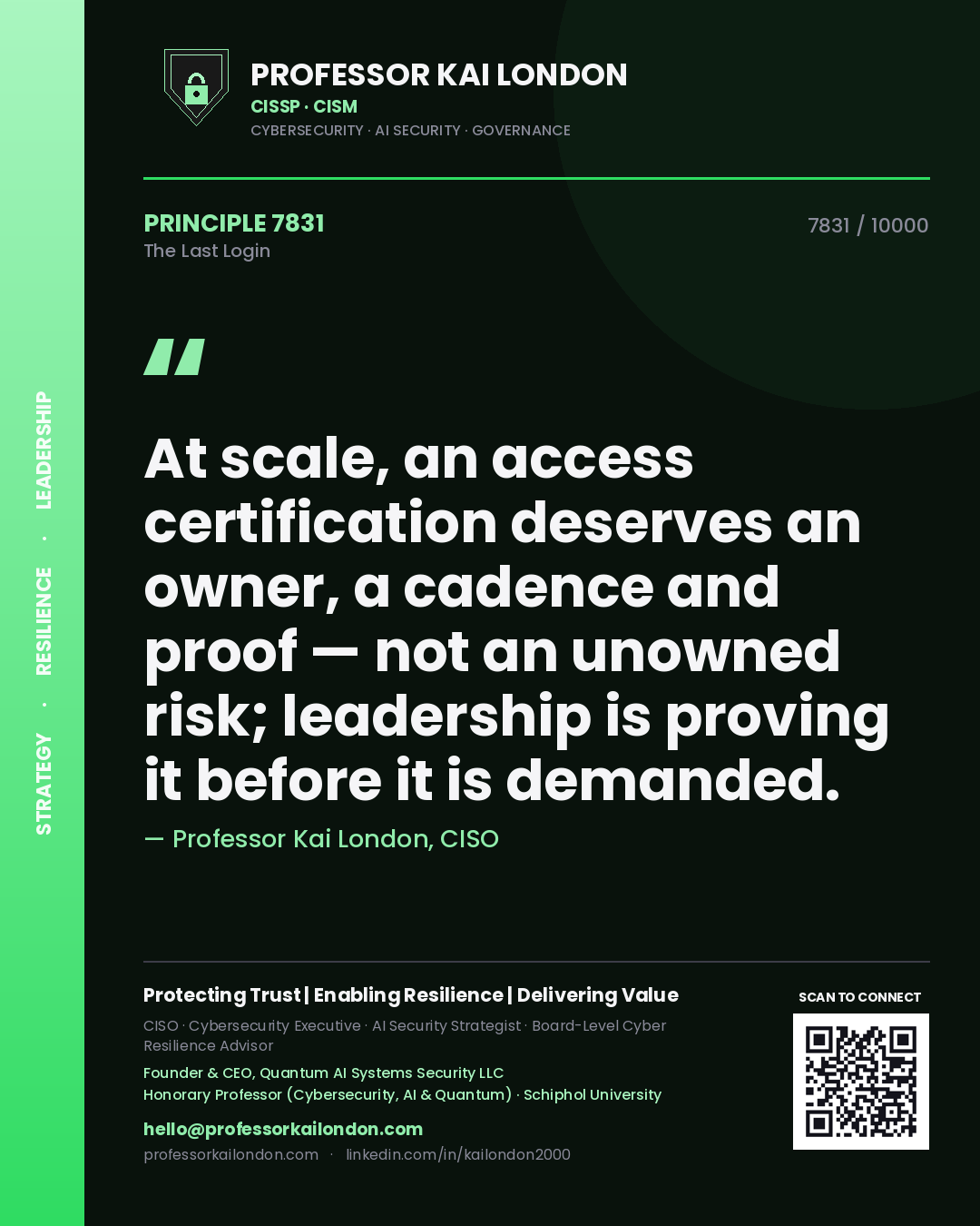 Quote card by Professor Kai London reading 'At scale, an access certification deserves an owner, a cadence and proof — not an unowned risk; leadership is proving it before it is demanded.'. From the book The Last Login.