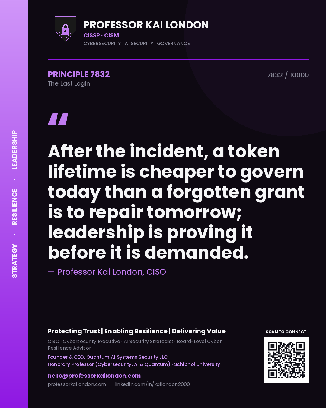 Professor Kai London principle 7832: After the incident, a token lifetime is cheaper to govern today than a forgotten grant is to repair tomorrow; leadership is proving it before it is demanded.