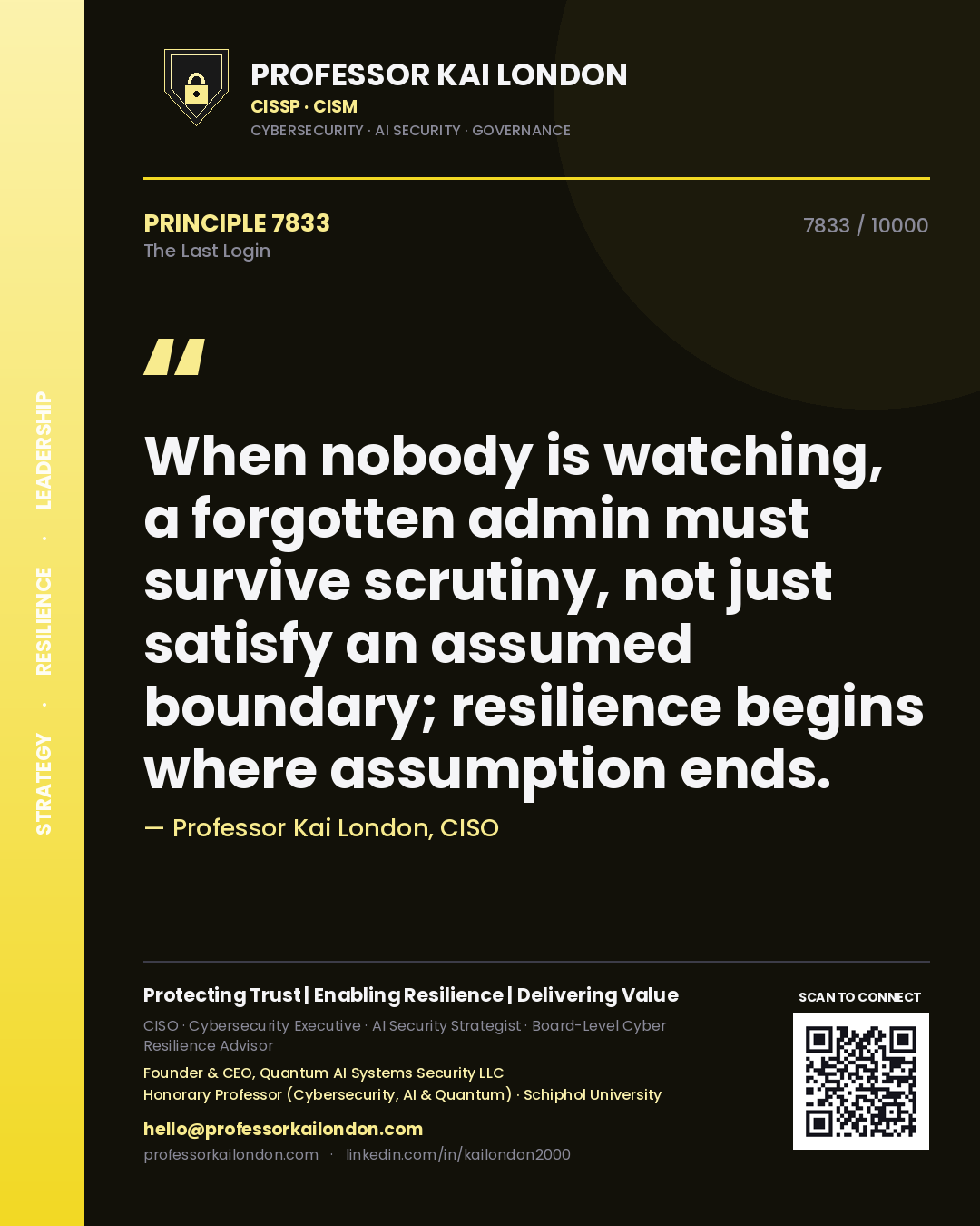 Quote card by Professor Kai London reading 'When nobody is watching, a forgotten admin must survive scrutiny, not just satisfy an assumed boundary; resilience begins where assumption ends.'. From the book The Last Login.