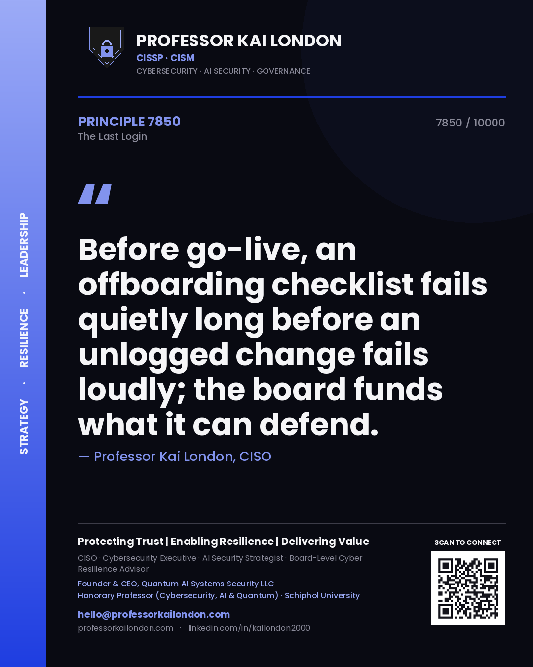 Professor Kai London principle 7850: Before go-live, an offboarding checklist fails quietly long before an unlogged change fails loudly; the board funds what it can defend.