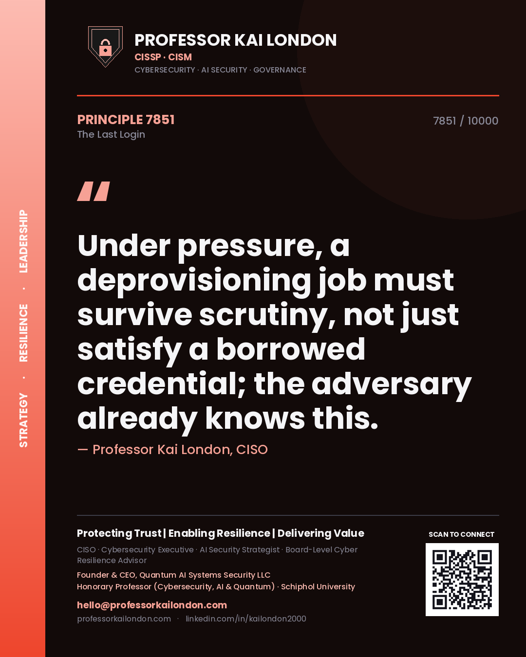 Quote card by Professor Kai London reading 'Under pressure, a deprovisioning job must survive scrutiny, not just satisfy a borrowed credential; the adversary already knows this.'. From the book The Last Login.