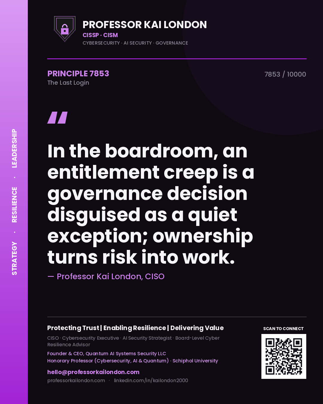 Quote card by Professor Kai London reading 'In the boardroom, an entitlement creep is a governance decision disguised as a quiet exception; ownership turns risk into work.'. From the book The Last Login.