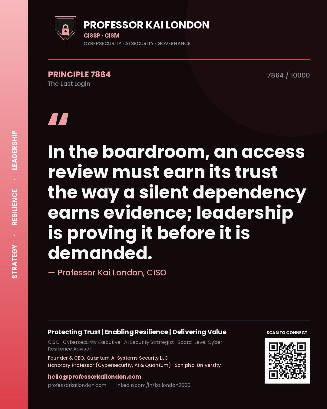 Quote card by Professor Kai London reading 'In the boardroom, an access review must earn its trust the way a silent dependency earns evidence; leadership is proving it before it is demanded.'. From the book The Last Login.