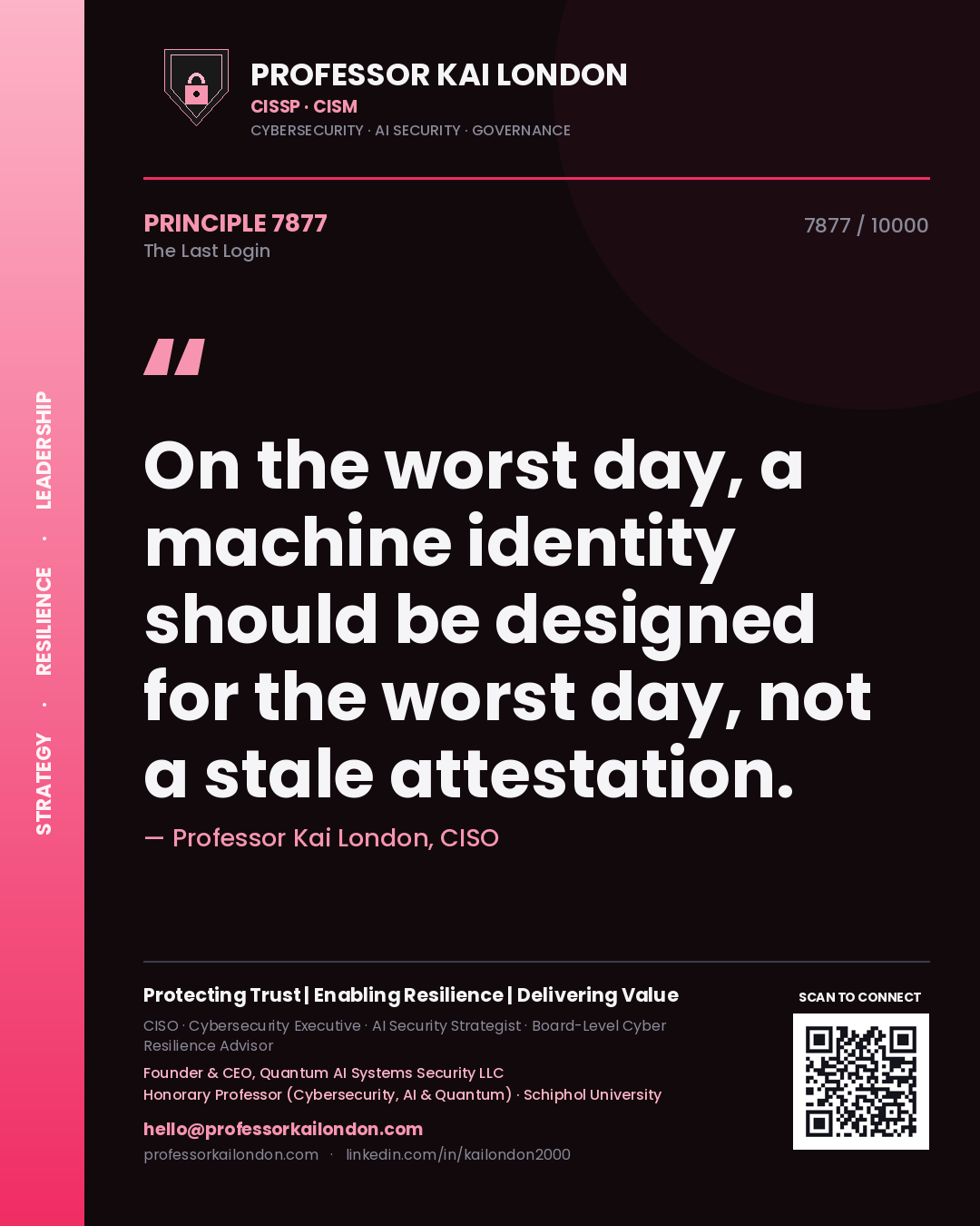 Quote card by Professor Kai London reading 'On the worst day, a machine identity should be designed for the worst day, not a stale attestation.'. From the book The Last Login.