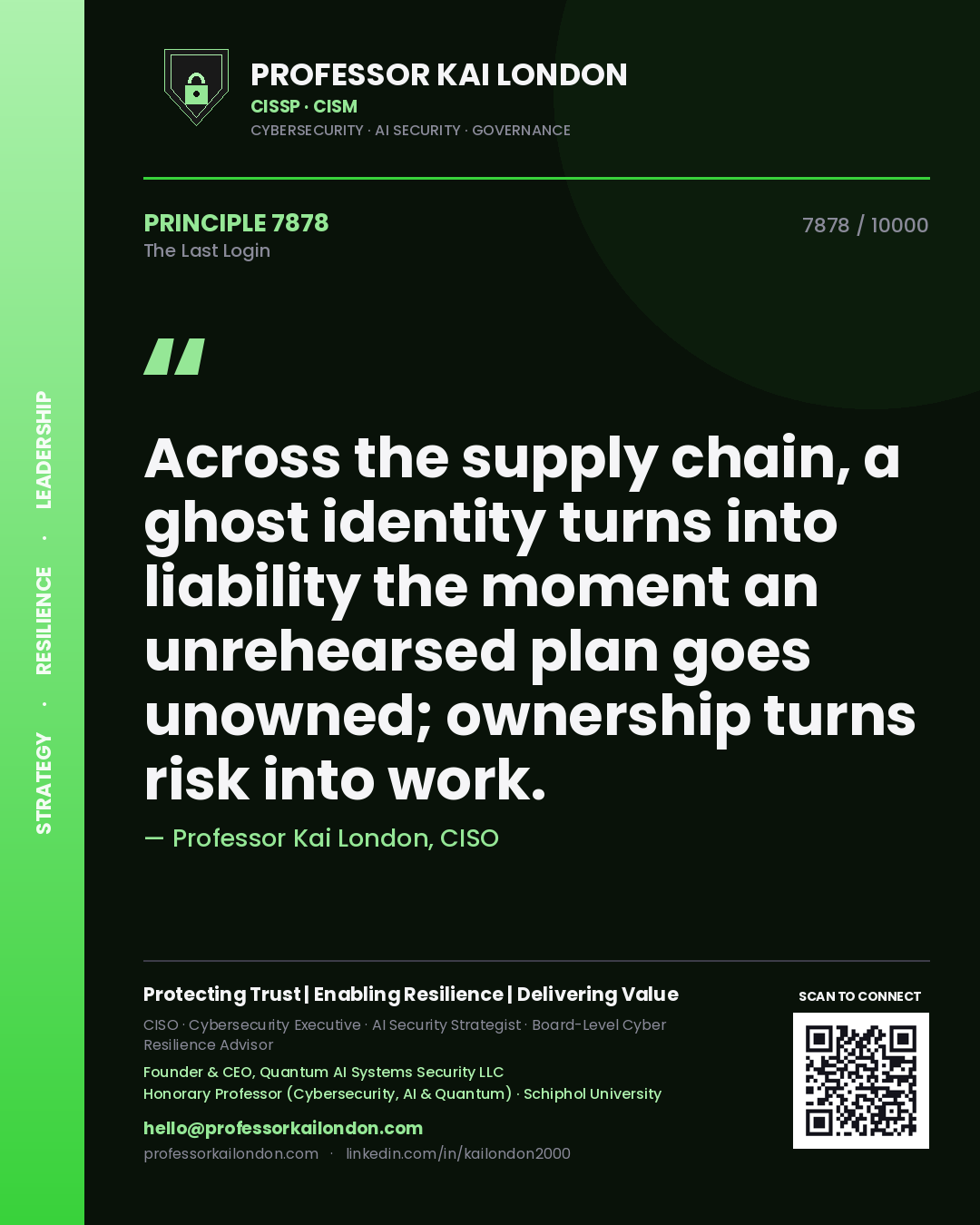 Professor Kai London principle 7878: Across the supply chain, a ghost identity turns into liability the moment an unrehearsed plan goes unowned; ownership turns risk into work.