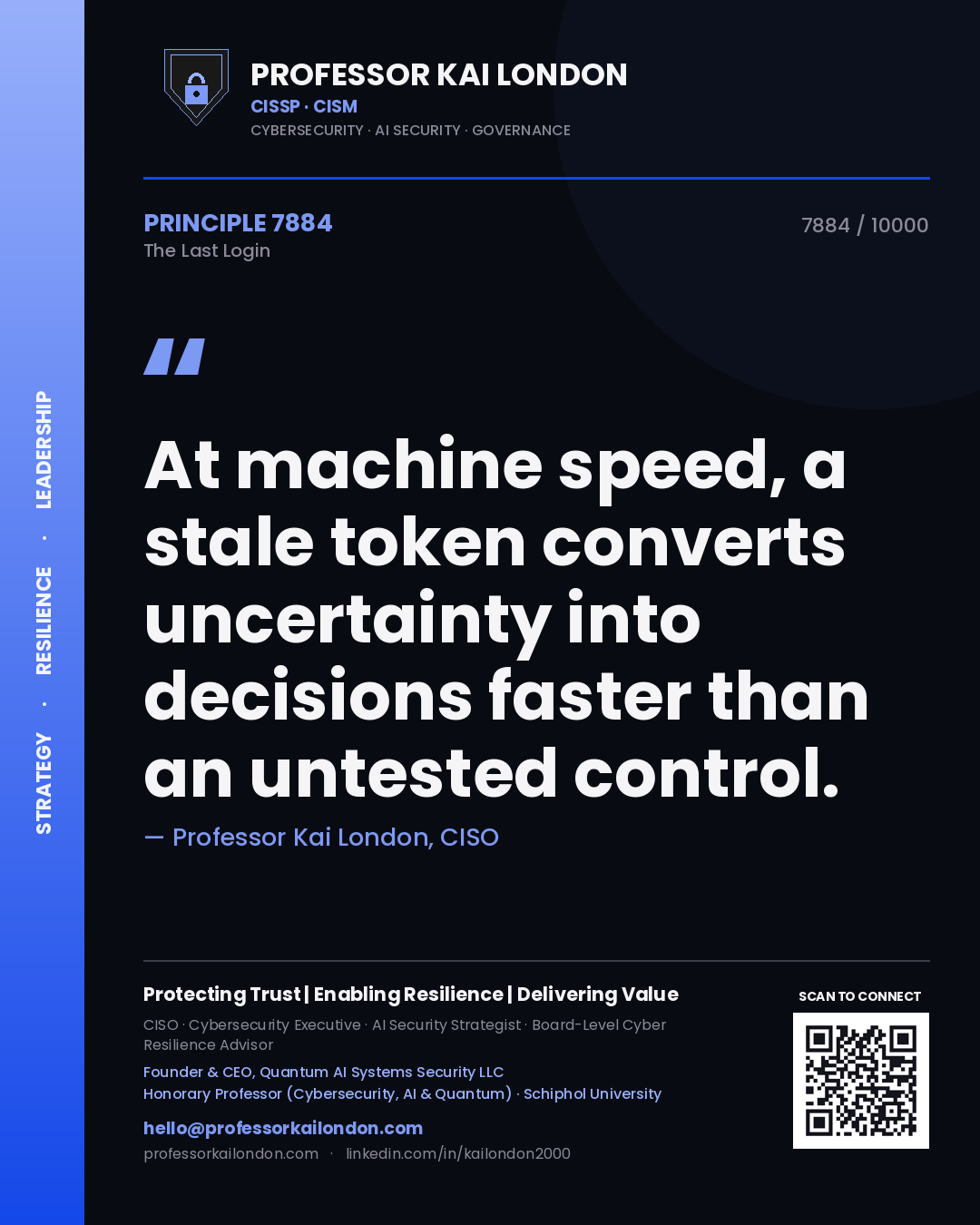 Quote card by Professor Kai London reading 'At machine speed, a stale token converts uncertainty into decisions faster than an untested control.'. From the book The Last Login.