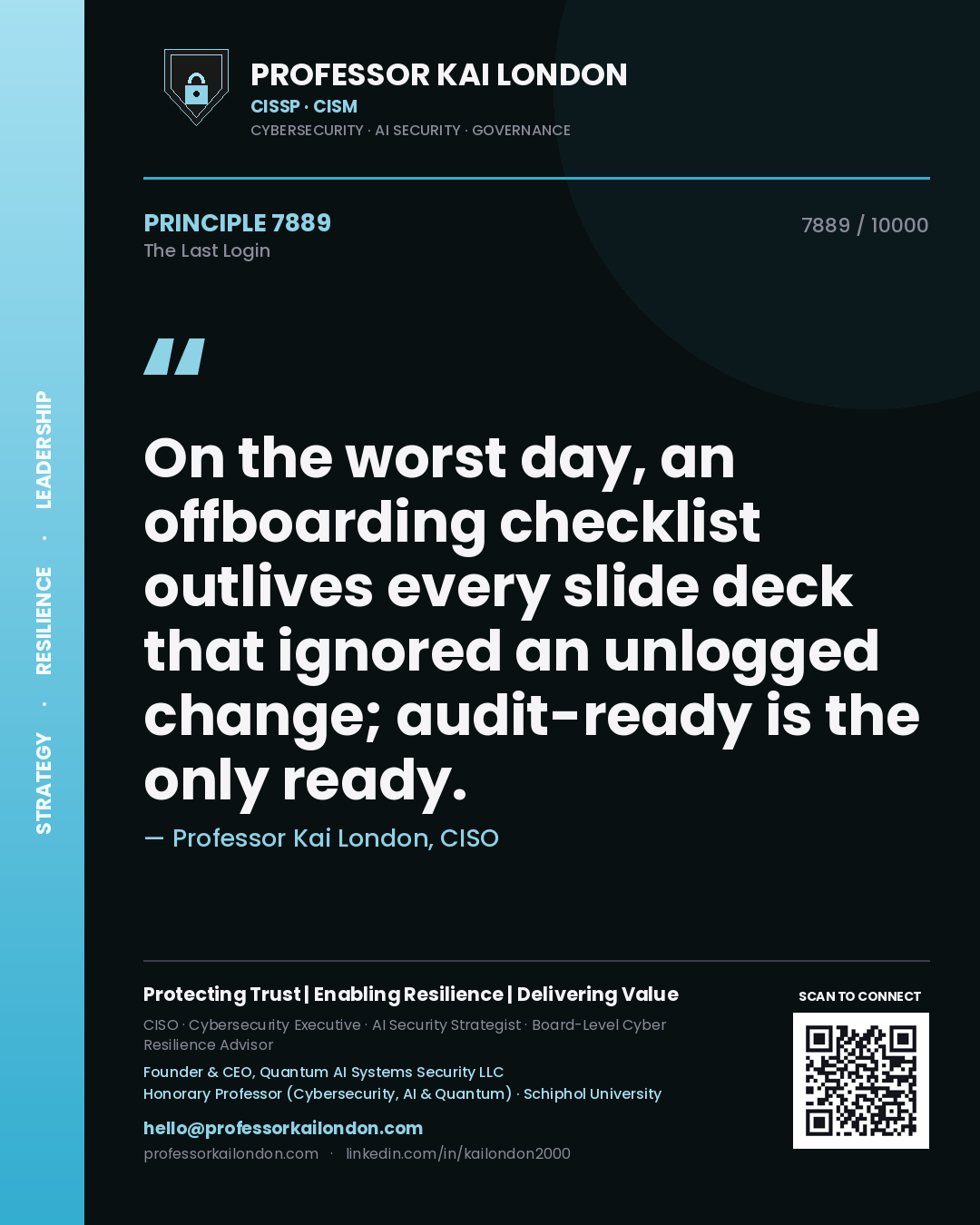 Quote card by Professor Kai London reading 'On the worst day, an offboarding checklist outlives every slide deck that ignored an unlogged change; audit-ready is the only ready.'. From the book The Last Login.