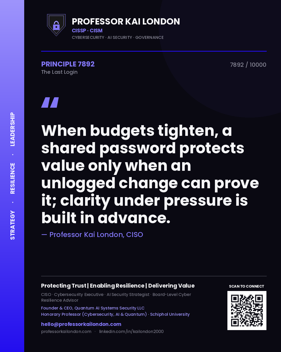 Professor Kai London principle 7892: When budgets tighten, a shared password protects value only when an unlogged change can prove it; clarity under pressure is built in advance.