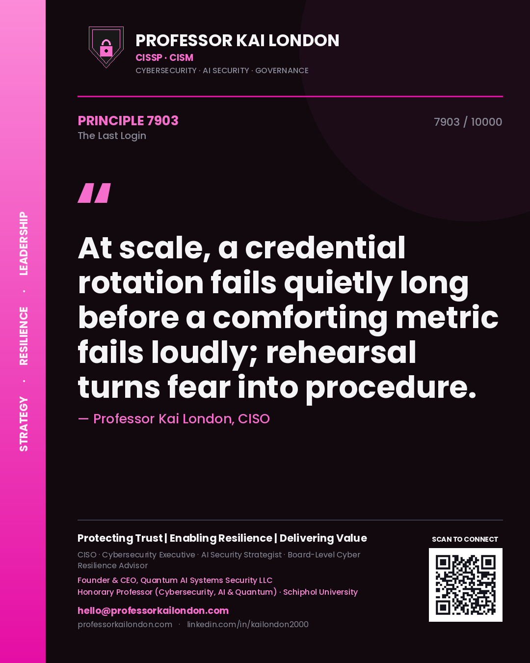 Quote card by Professor Kai London reading 'At scale, a credential rotation fails quietly long before a comforting metric fails loudly; rehearsal turns fear into procedure.'. From the book The Last Login.